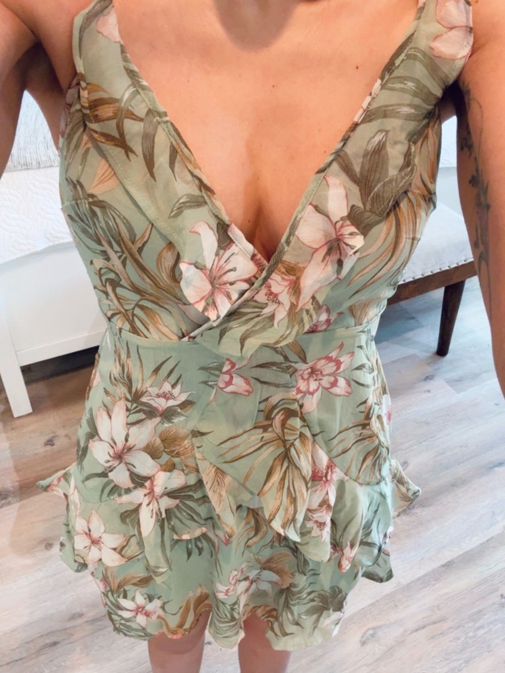 Sage Floral Ruffle Mini Dress - Picture 3 of 7